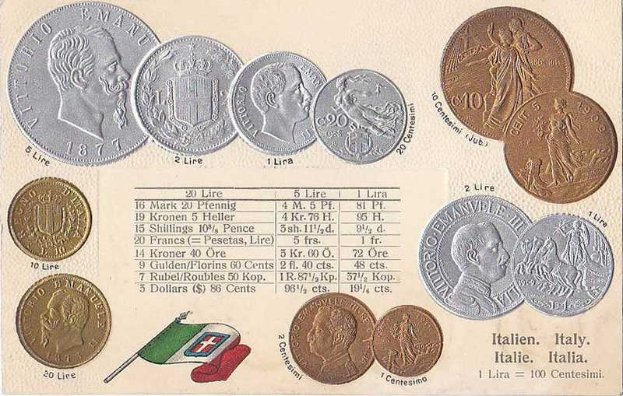 Ein Blatt Papier mit einer Reihe italienischer Münzen von 1877-1910, darunter mehrere 20-Lire-Münzen, mit Text und Porträts sowie zwei Flaggen unten, darunter die italienische Flagge.
