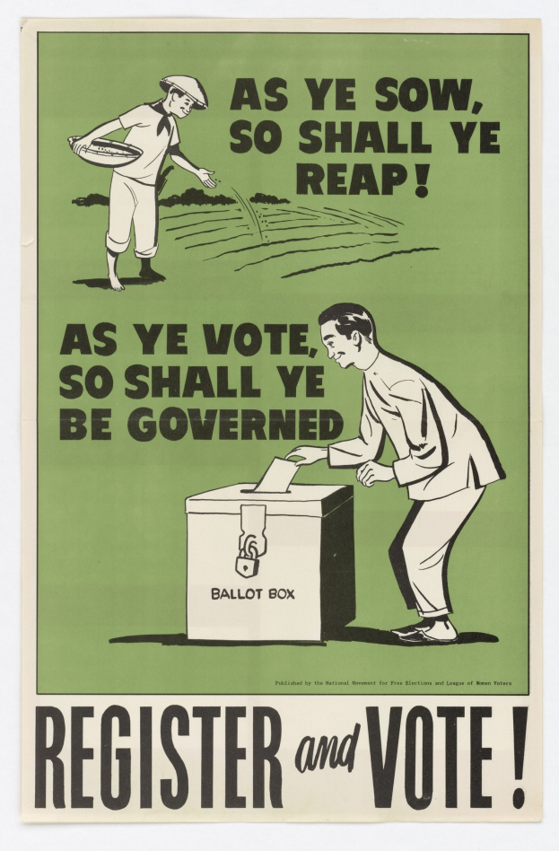 Plakat mit einem Mann in einem Anzug und einer Frau vor einer Box, mit dem Text "Registrieren und Wählen" darüber