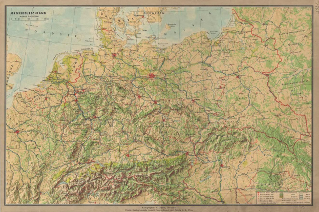 Detailierte historische Deutschlandkarte mit Straßen, Autobahnen und geografischen Merkmalen mit Text oben und unten.