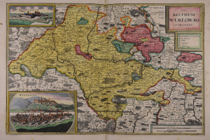 Ein altes Buch mit einer detaillierten Karte von Deutschland in der Mitte, die Provinzen, Städte und ihre Grenzen zeigt, mit begleitendem Text.