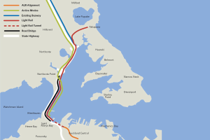 Detailierte Stadtkarte mit einer roten Linie, die die vorgeschlagene Bahnroute markiert, einschließlich Haltestellen und Umgebung mit Textbeschriftungen für Städte und Entfernungen.