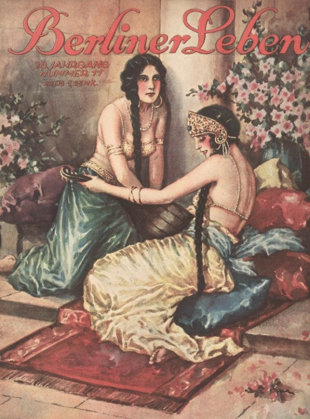 Plakat mit zwei Frauen auf einem Bett mit Kissen und Topfpflanzen, betitelt "Berliner Leben Magazine Cover von Oktober 1931".