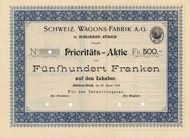 Ein altes deutsches Aktienzertifikat mit einem blauen Rand und der Aufschrift "Schweiz Wagons-Fabrik A.G."