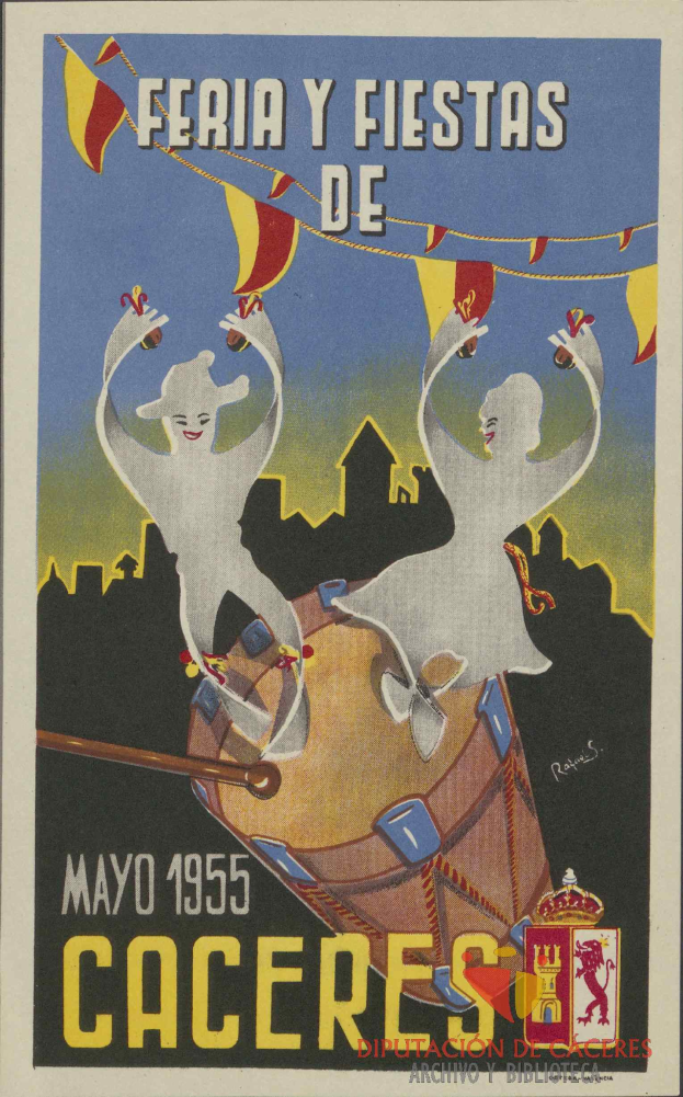 Ein buntes Plakat wirbt für das "Feria y Fiestas de Caceres"-Karneval in Cáceres, Spanien, mit Menschen in traditioneller Kleidung, einem hellgelben Hintergrund und Veranstaltungseinzelheiten.