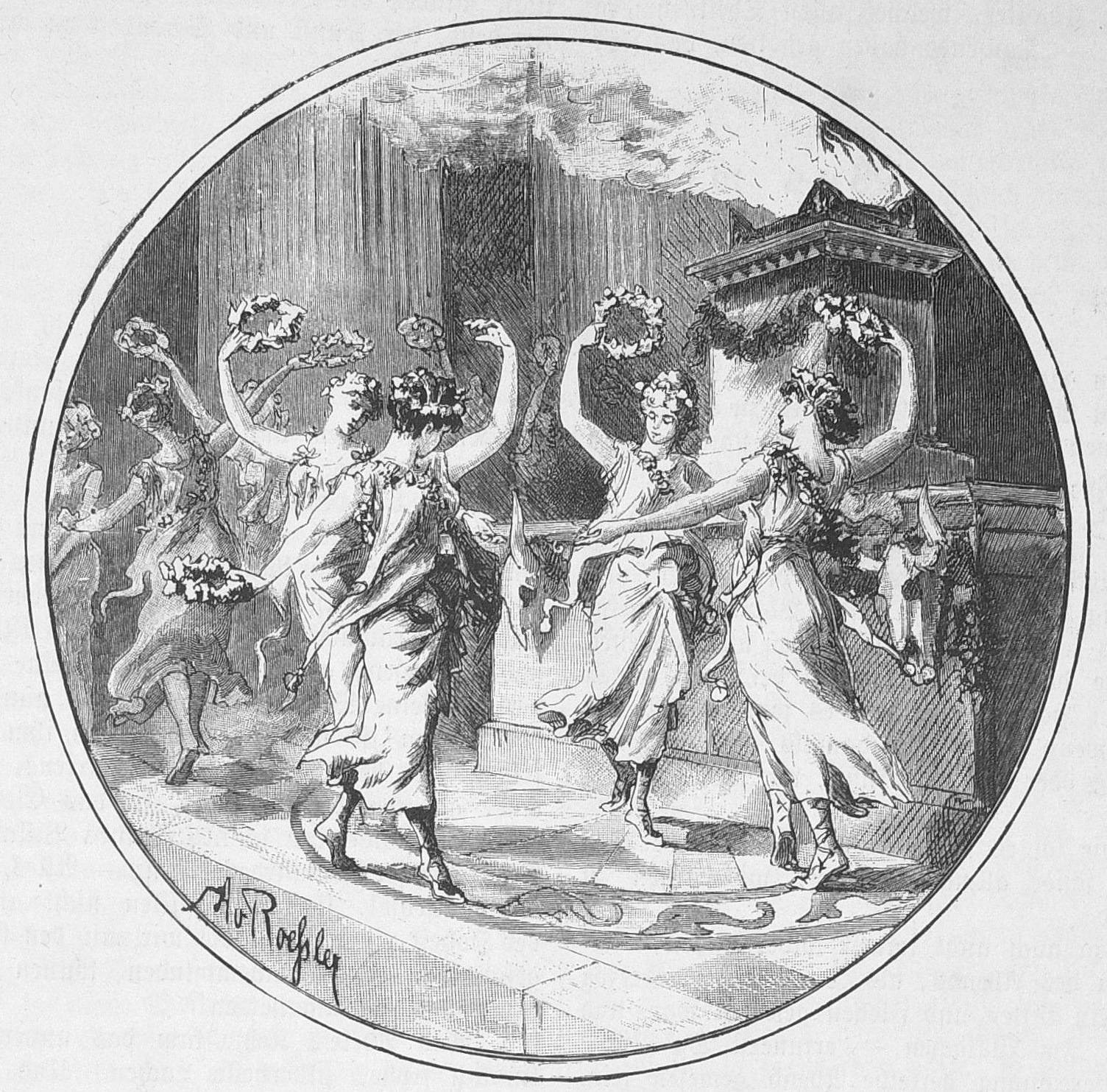 Schwarz-weiß-Zeichnung von Frauen in bunten Kleidern, die mit erhobenen Armen tanzen, vor einem hohen Gebäude mit einem großen Torbogen.