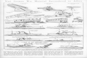 Ein Blatt mit detaillierten Abbildungen verschiedener deutscher Militärfahrzeuge und Schiffe, mit der Beschriftung "Vast German War Material Surrendered to Allies".